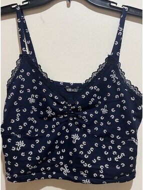 Shein Blue With Flowers & Lace Trim Cropped Tank Top ~ Small ~ New Without Tags